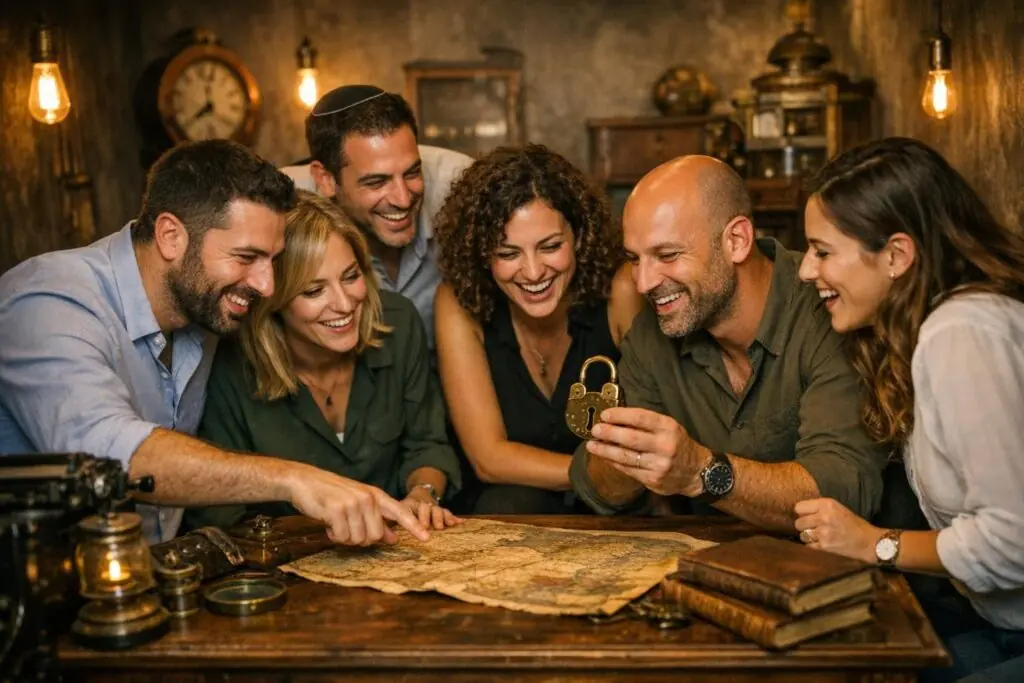 צוות עובדים פותר חידה יחד בחדר בריחה – רעיונות לגיבוש צוות